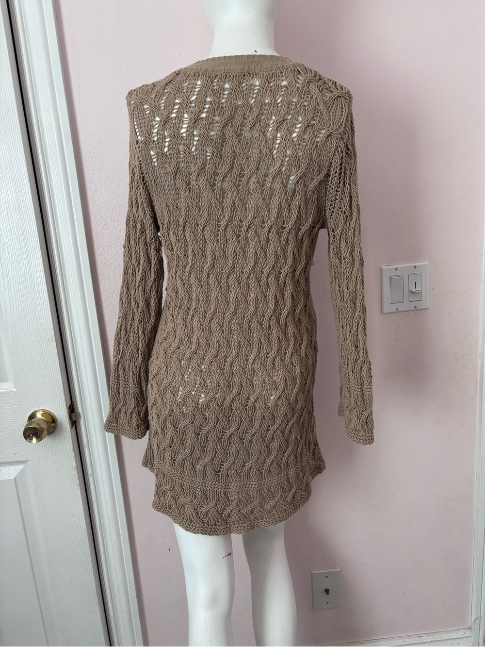 Tommy Bahama Women Linen Blend Chunky Cable Knit Lace Up Tunic Sweater Taupe - Picture 3 of 9